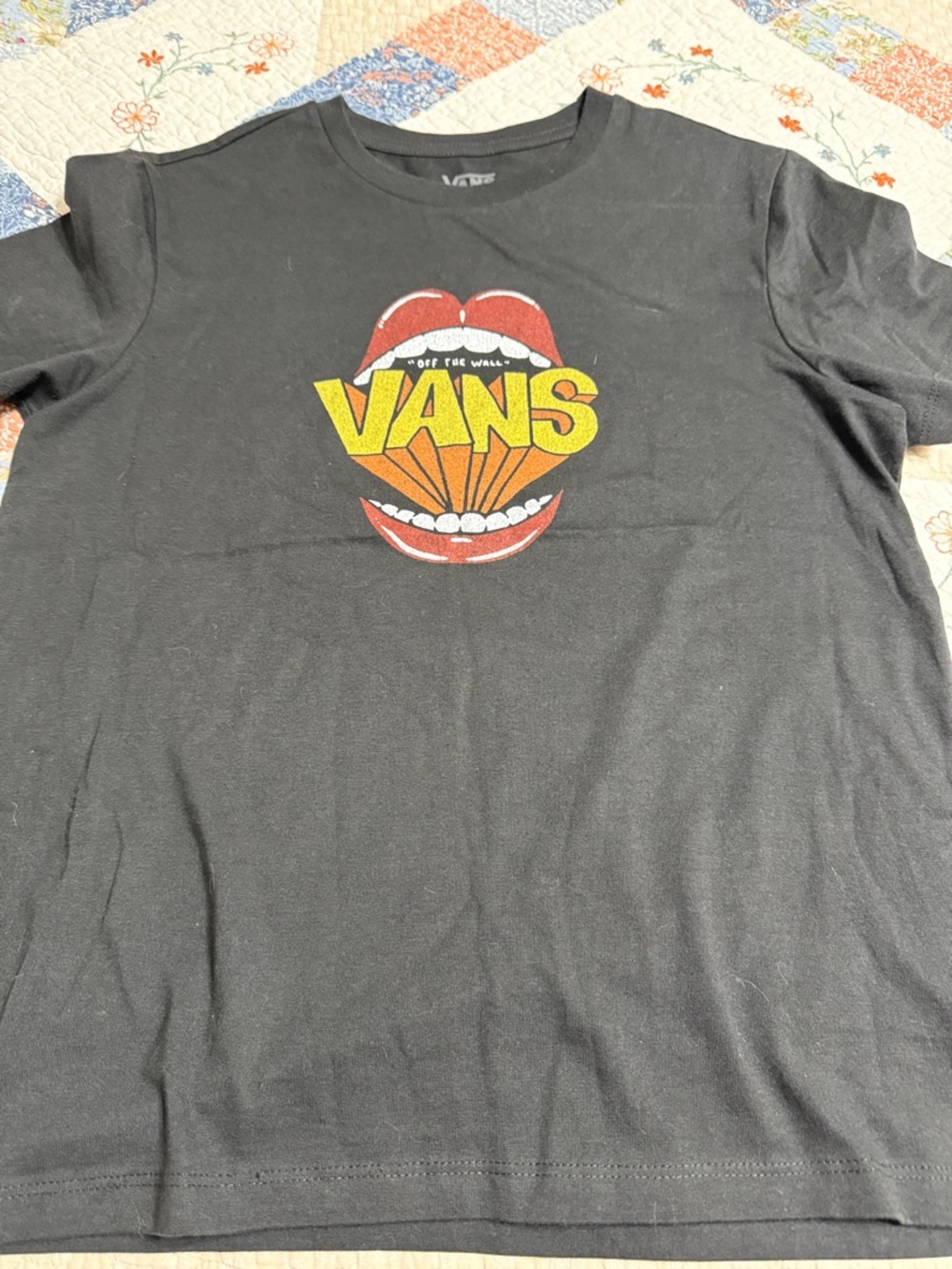 Vans Black Tee with Yellow Logo and Red Lip Graphic